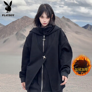 花花公子（PLAYBOY）假兩件蝙蝠連帽衛(wèi)衣男款秋冬美式高街廓形開衫拼接立領(lǐng)情侶外套女 黑色 加絨 M 95至115斤可穿