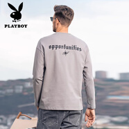 花花公子（PLAYBOY）270G重磅長絨棉長袖T恤男春秋潮牌字母刺繡寬松純棉T恤衫 慵懶灰 M (110-125斤)