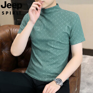 JEEP SPIRIT吉普輕熟中領(lǐng)小高領(lǐng)白色打底衫男半高領(lǐng)短袖T恤冬季加絨半袖體恤 湖藍(lán)色D805 0577 L