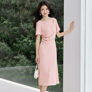 尚都比拉（Sentubila）水滴鏤空圓領(lǐng)連衣裙女2025年夏季新款氣質(zhì)法式短袖長裙子 粉色 M (建議100-115斤)