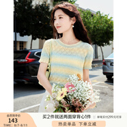 香影（xiangying）漸變色鏤空針織衫女2025夏季新款小個子圓領(lǐng)短袖正肩t恤上衣 黃色 XL