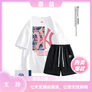 珂梵圖it.new聯(lián)名品牌男士T恤夏季新款短袖體恤衫寬松時尚印花上衣圓領(lǐng) 白色+黑色短褲 S 均碼