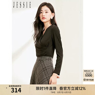 JESSIE 性感交叉V領(lǐng)不規(guī)則下擺倒褶顯瘦小上衣女秋 黑色 S