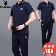 花花公子男裝中年運(yùn)動(dòng)套裝男夏季透氣薄款棉質(zhì)T恤短袖長(zhǎng)褲兩件套爸爸裝夏 【3961款】藍(lán)色二件套 XL【建議120-140斤左右】