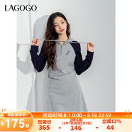 lagogo撞色插肩袖連衣裙女拉谷谷春秋新款刺繡顯瘦連帽衛(wèi)衣裙 灰藏青(RM) S