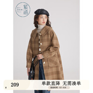 紫涵格紋翻領(lǐng)毛呢外套女冬季直筒燈籠袖加厚呢大衣單排扣 黃咖格 M