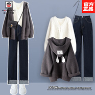 AEMAPE秋冬套裝女2025新款鹽系穿搭慵懶風(fēng)針織毛衣開(kāi)衫顯瘦牛仔褲三件套 灰開(kāi)衫+白毛衣+藍色牛仔褲 三件 XL 建議120-140斤