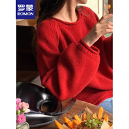 羅蒙（ROMON）法式洋氣黃色針織衫毛衣套頭2025新款女冬季粗棒針寬松慵懶風(fēng)上衣 紅色 均碼 -85-130斤