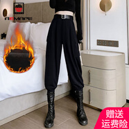 AEMAPE工裝褲女2025春秋冬季新款高腰小個(gè)子褲子垂感束腳休閑褲女 黑色__單褲子_腰帶 加絨 M