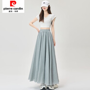 皮爾卡丹冰絲棉麻百褶裙半身裙女夏季款高腰顯瘦遮胯垂感a字傘裙大擺長(cháng)裙 藍灰 S