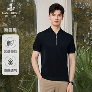 浪登【桑蠶絲】男士棒球領(lǐng)短袖T恤衫涼感透氣網(wǎng)孔時尚拉鏈款體恤 黑色 S （165/84A）