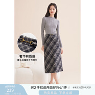 香影格子毛呢半身裙女2024秋冬新款高腰a字輕熟風美拉德咖色裙子 灰色A844032 L