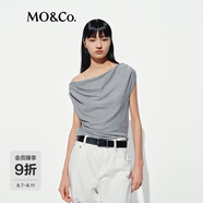 MO&Co.上衣2025夏新品彈力天絲醋酸捏褶垂墜斜肩露肩斜裁T恤MBE2TEE021 淺花灰色 M /165