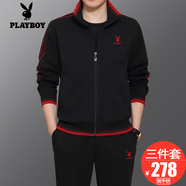 花花公子運(yùn)動(dòng)套裝男士三件套爸爸裝春秋季中老年人休閑寬松大碼跑步運(yùn)動(dòng)服 89868 黑色【春秋款三件套】 2XL【建議141-160斤左右】
