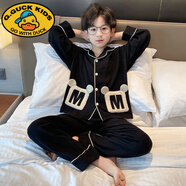 G.DUCKKIDS男童睡衣春秋款棉2025中大兒童家居服春季8長袖9孩棉10兩件套裝12 黑色 313M口袋棉紗款 160 cm 建議身高155cm左右