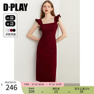 DPLAY2025夏季新款黑色連衣裙女修身吊帶裙長裙赫本小黑裙包臀裙 果醬紅 M