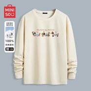 名創(chuàng)優(yōu)品（MINISO）長袖t恤男春秋季寬松休閑百搭純棉打底衫簡約百搭圓領(lǐng)男裝上衣服 淺米色(m溫馨小狗) S 165(體重85-100斤左右)