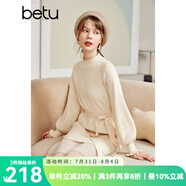 betu百圖女裝網(wǎng)紗拼接小高領(lǐng)木耳邊燈籠袖針織連衣裙女2110T69 淺杏色 L