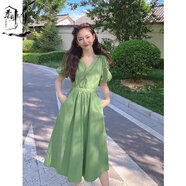 巷前歐洲站2025新款茶歇法式桔梗長(zhǎng)裙顯瘦感氣質(zhì)綠色連衣裙女夏季 綠色 S [建議85-100斤高品質(zhì)]