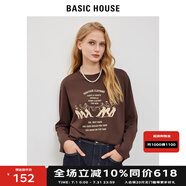 BASIC HOUSE/百家好寬松長袖T恤女秋季新款圓領(lǐng)印花咖色上衣 咖色 M