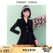 糖力【商場同款】春秋新款黑色長袖歐根紗擺西裝連衣裙女 黑色 XL