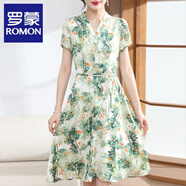 羅蒙（ROMON）媽媽裝連衣裙2025夏裝新款短袖雪紡長(cháng)裙子40歲50時(shí)尚中老年女裝 綠色 2XL (推薦120-135斤)