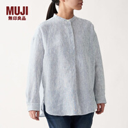 無印良品 MUJI 女式 法國(guó)亞麻水洗 束腰長(zhǎng)上衣 長(zhǎng)袖 BCJ02C0S 海軍藍(lán)X條紋 M-L