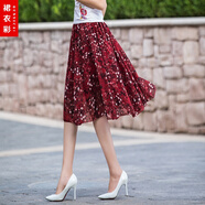 Rindu碎花半身裙女夏季2025新款中長款瘦半身中裙百褶A字大擺女短裙 紅色碎花 S 1.8尺-1.9尺