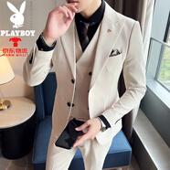 花花公子（PLAYBOY）輕熟西裝男套裝韓式修身帥氣伴郎服婚宴禮服休閑小西服外套 米白色西裝 L