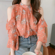 薩拉維夫 SLLAVIF品牌時(shí)尚碎花襯衫女夏2025新款洋氣甜美設(shè)計(jì)感露肩薄款荷葉邊上衣 橙色 M 合適95-105斤