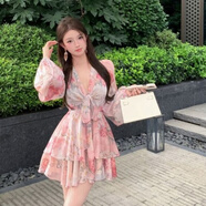 介彬（JIEBIN）時尚復(fù)古印花連衣裙純.欲收腰百搭綁帶印花連衣裙女V領(lǐng)修身短裙又 粉色 S