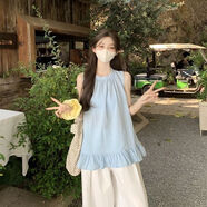 確彤多巴胺黃色無袖背心襯衫女夏季法式荷葉邊減齡寬松甜美娃娃衫上衣 藍(lán)色上衣 S 建議80-90斤