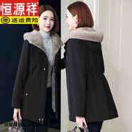 恒源祥韓版修身派克服中長(zhǎng)款小個(gè)子羊剪絨仿皮草內(nèi)膽保暖顯瘦大衣棉襖女 黑色（松緊連帽款） 3XL 建議150-165斤左右