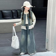為頌（W）女童牛仔套裝春裝2025新款兒童潮酷穿搭中大童女孩春秋馬甲三件套 【三件套】馬甲+打底衫+牛仔褲 120 建議身高105-115cm