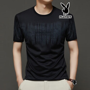 花花公子冰絲短袖T恤男士新款夏季洋氣休閑圓領燙鉆T恤半袖男裝上衣體恤 1917-黑色 M 165建議90-120斤