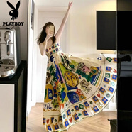 花花公子（PLAYBOY）2025秋夏新款設計感小眾簡約百搭長裙民族風涂鴉印花吊帶連衣裙女 花色 S