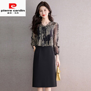 皮爾卡丹（pierre cardin）冰絲雪紡連衣裙秋遮肚子顯瘦小個(gè)子媽媽氣質(zhì)減齡巨好看假兩件裙子 黑色-冰絲雪紡連衣裙初秋新款今年流行爆款高端大碼胖 L  【適合106-115斤】