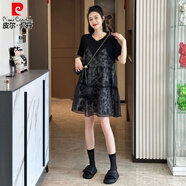 皮爾卡丹（pierre cardin）假兩件拼接連衣裙女夏季2025新款小個(gè)子氣質(zhì)顯瘦薄款遮肚子短裙子 黑色 L 【建議115-130斤】