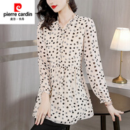 皮爾卡丹（pierre cardin）中長(zhǎng)款收腰長(zhǎng)袖雪紡襯衫女春秋裝2025新款遮肚子藏肉顯瘦裙擺上衣 杏色花 M (90-100斤)