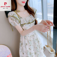 皮爾卡丹（PIERRE CARDIN）綠色碎花一字肩絕美吊帶連衣裙女夏季法式溫柔風初戀清純奶甜裙子 綠色 S 建議80--94斤