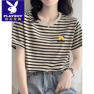 花花公子（PLAYBOY）正肩條紋純棉短袖t恤女2025新款時(shí)尚洋氣寬松休閑上衣打底衫夏季 奶杏色(側(cè)邊唯尼熊款) M (建議80-100斤)