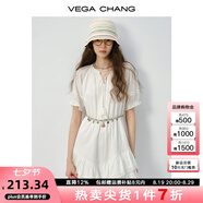 VEGA CHANG白色連衣裙女2025春秋新款法式V領(lǐng)長(cháng)袖高級感蕾絲裙子 云朵白（短袖） L