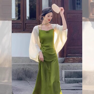 秀絲路新中式吊帶裙外搭罩衫防曬開(kāi)衫女夏季旗袍輕薄款透氣雪紡小披肩配 杏色開(kāi)衫 XL