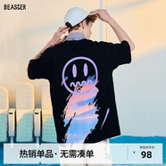 BEASTER笑臉短袖T恤休閑潮牌情侶裝印花寬松純棉夏季半袖男女同款 黑色 XL