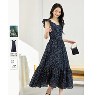 梵希蔓法式氣質(zhì)波點(diǎn)吊帶連衣裙女裝夏季2025年新款顯瘦飛飛袖長(cháng)裙 A1869 藏青花色 XL