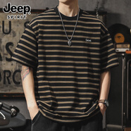 JEEP SPIRIT正品吉普高端t恤男2025新款條紋純棉重磅夏季美式潮牌寬松短袖男 草綠色 3XL