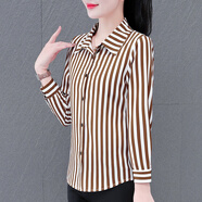 啄木鳥(niǎo)豎條紋雪紡襯衫女長(cháng)袖秋裝新款洋氣中年媽媽減齡襯衣百搭打底上衣 LKL312咖色 S _建議80-95斤
