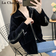 拉夏貝爾（La Chapelle）仿水貂絨針織開(kāi)衫女短款2025春秋季新款寬松長(cháng)袖百搭加厚毛衣外套 黑色 M