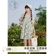 紫涵（ZIHAN）紫涵滿印花方領(lǐng)連衣裙女夏季森系田園風(fēng)寬松高腰短袖短裙 綠底印花 S