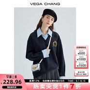 VEGA CHANG假兩件衛(wèi)衣女秋季2025新款洋氣減齡學(xué)院風(fēng)顯瘦短外套 海港藍(lán)（常規(guī)版） M